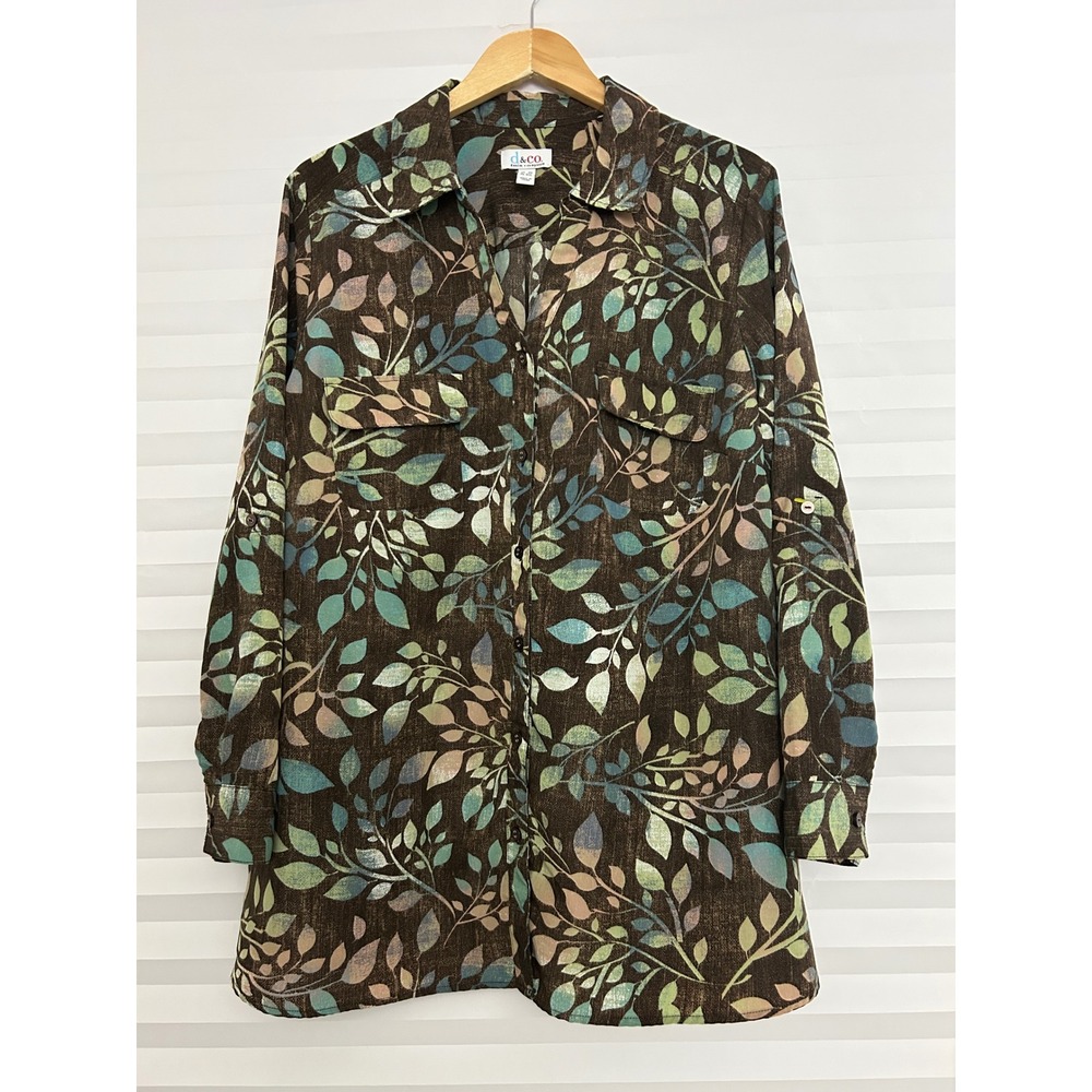 Denim & Co. Women 2X Brown Leaf Print Roll Tab Sleeve Button Front Tunic Shirt